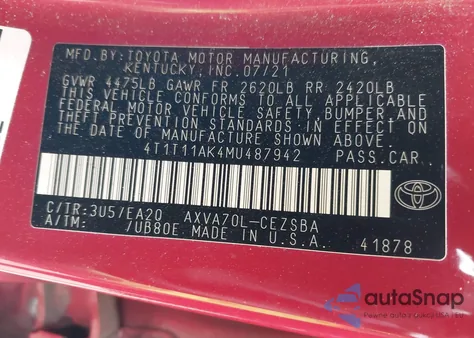 2021 Toyota Camry Se из США, поврежденный, VIN 4T1T11AK4MU487942